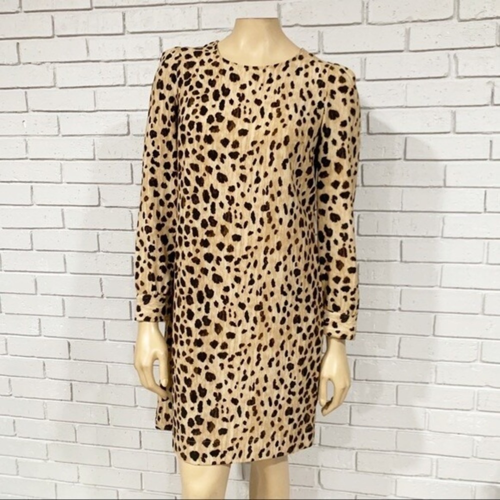 Merona Leopard Print Long Sleeve Shift Dress Tan Black Preppy Sz XS